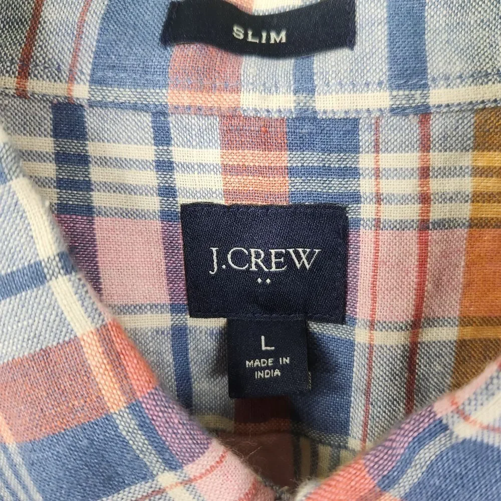 J. Crew Mens Slim Fit Linen Cotton Blend Plaid Short Sleeve Shirt Large